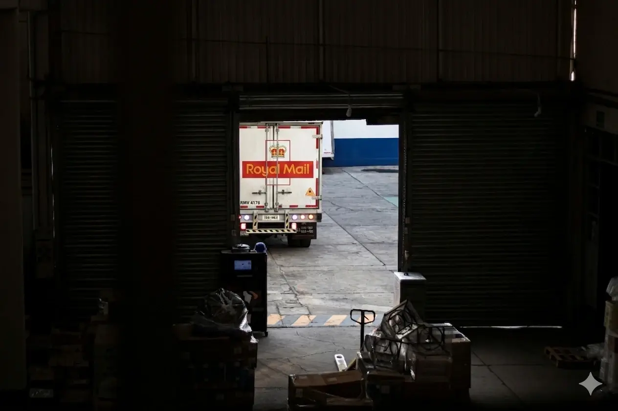 Royal Mail truck reversing into a UK warehouse loading bay